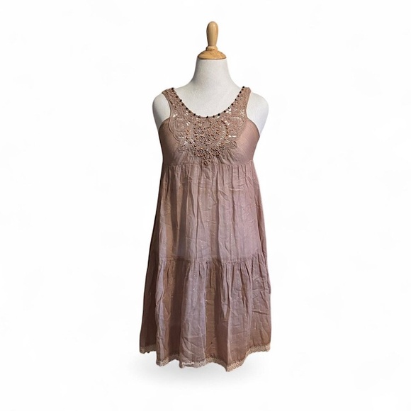 Free People Dresses & Skirts - Free People Women's 10 Sheer Beaded Boho Summer Dress Lace Fairy Brown